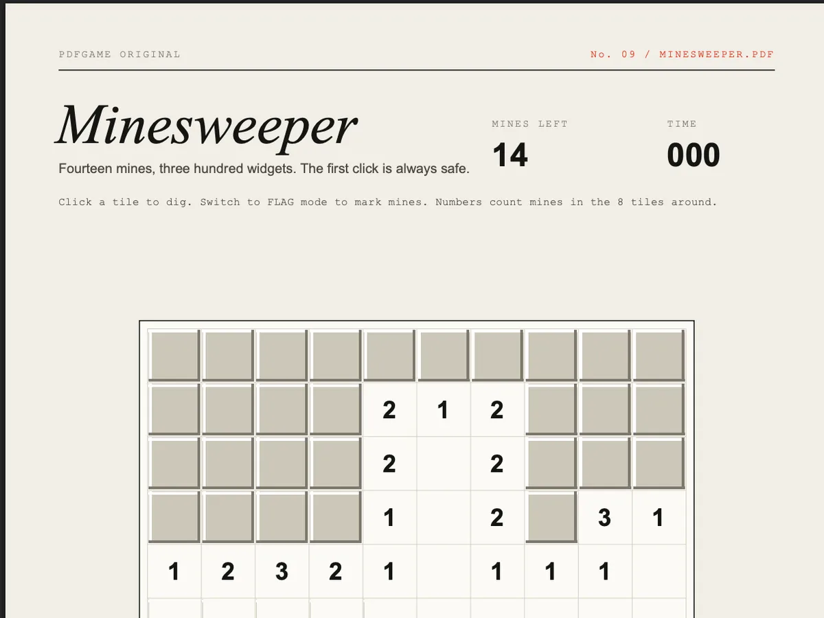 Minesweeper PDF running inside a PDF viewer