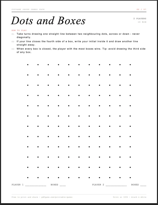 Dots and Boxes printable