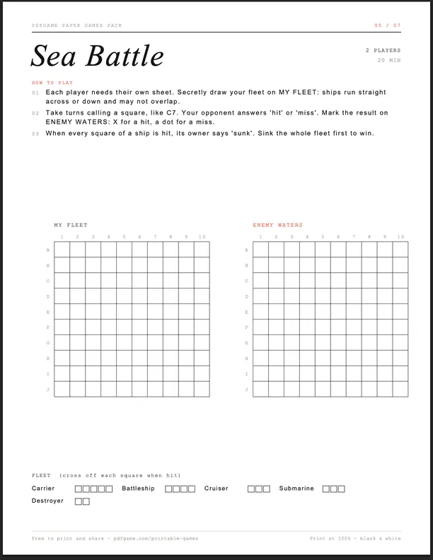 Sea Battle printable sheet preview